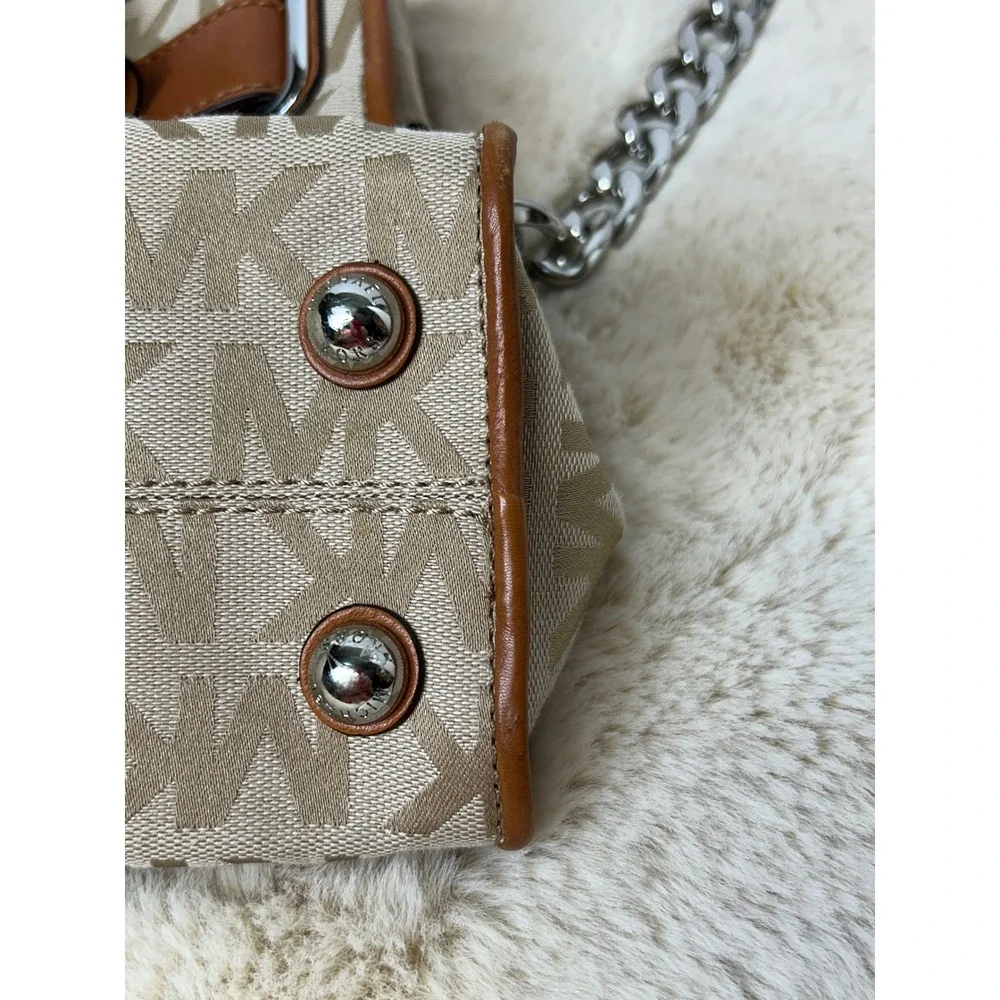 Michael Kors Hamilton Satchel Monogram Canvas Tan Leather Crossbody Bag Dust Bag